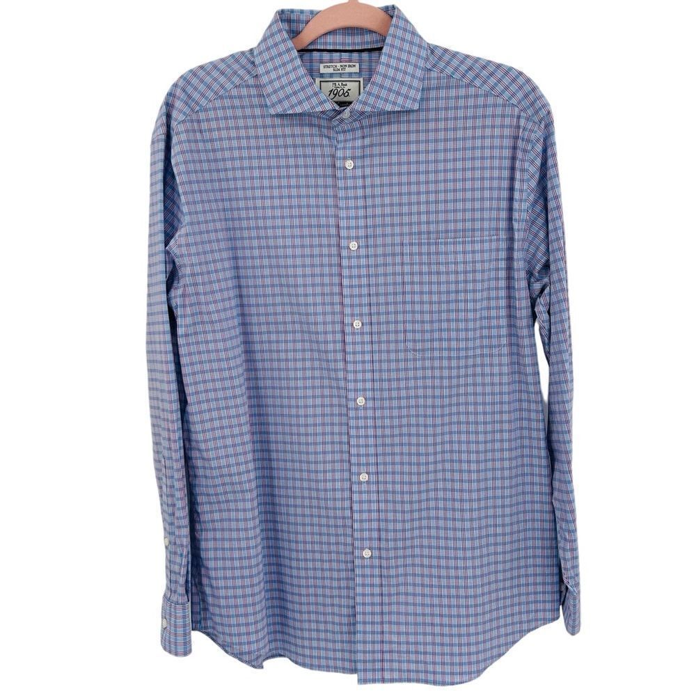 Jos. A. Bank blue plaid non-iron stretch slim fit dress shirt size 16.5